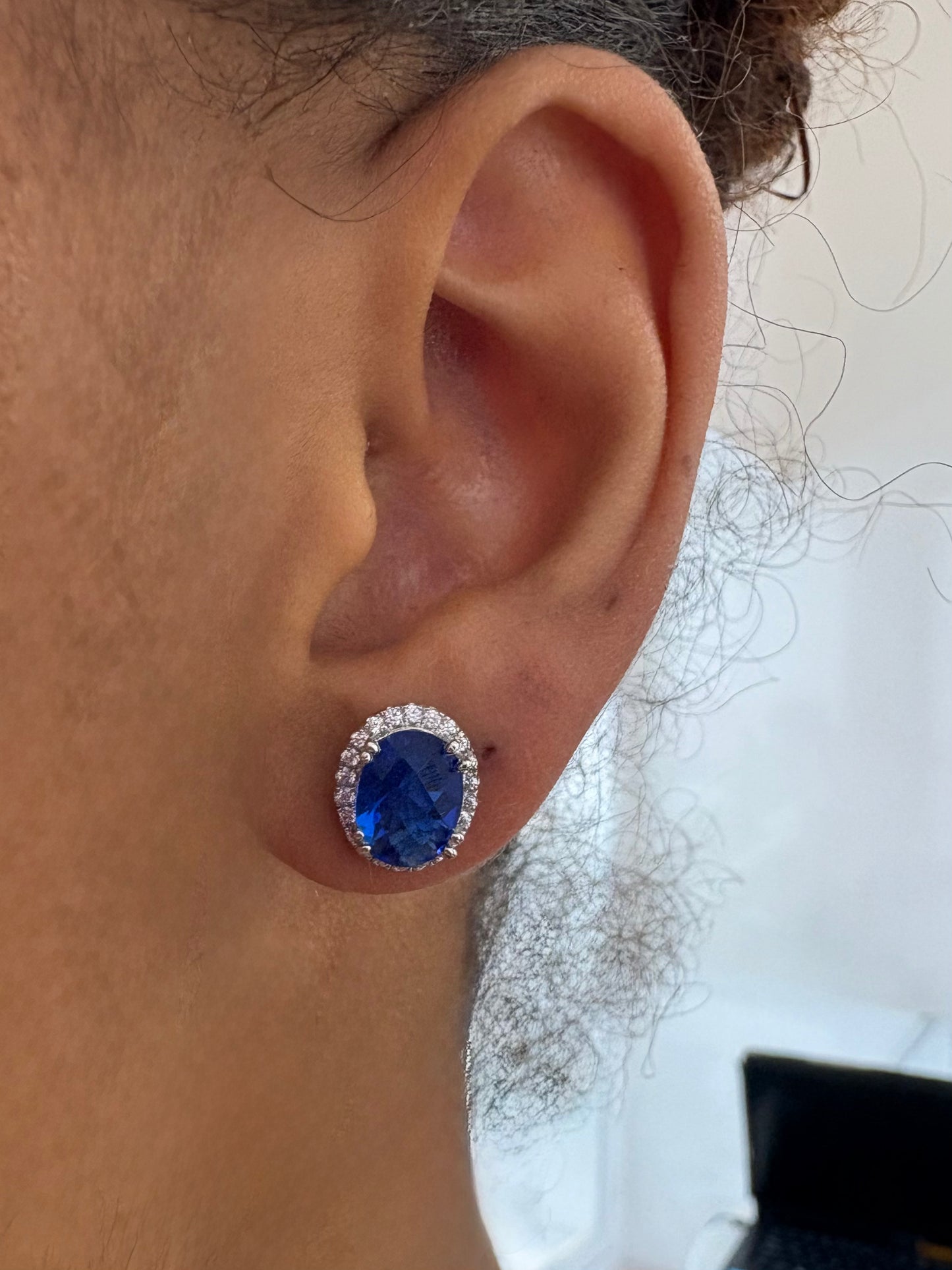 Oval Cut Blue Obsidian and Cubic Zirconia Halo Silver Stud Earrings