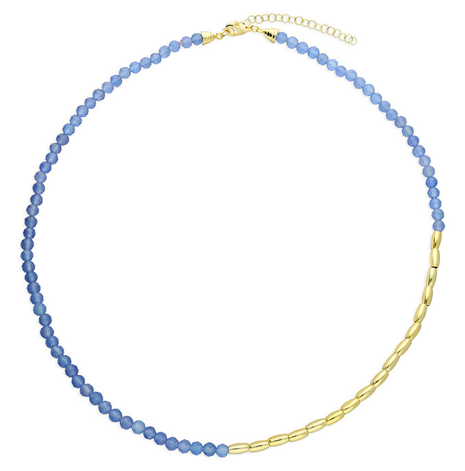 Silver Gold Plated Oval Beaded and Blue Crystal Bead Necklace