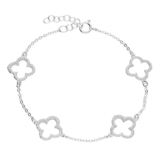 925 Silver 19cm cz clover outline bracelet