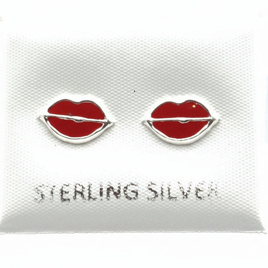 925 Silver Enamel Red lips Stud Earrings
