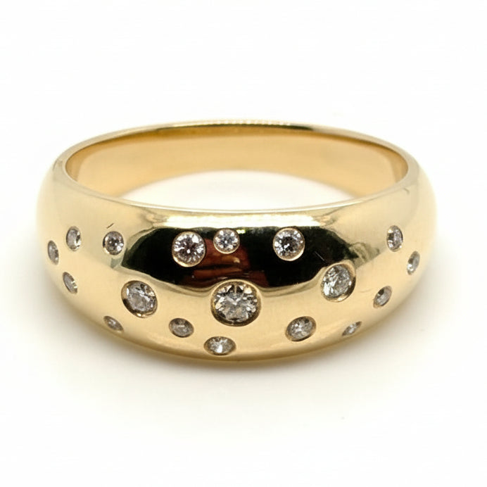 Monroe's Bombe / Gypsy Style 9ct Yellow Gold Ring with Scattered Flush Set Round Brilliant Cut Diamonds
