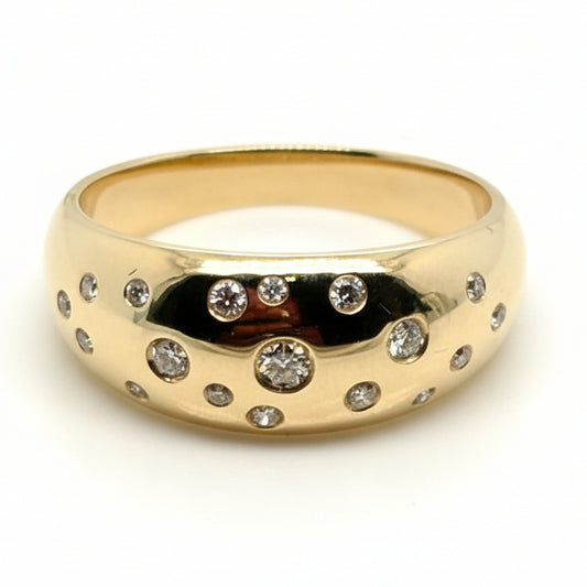 Monroe's Bombe/Gypsy style 9ct yellow gold ring with scattered flush set Round Brilliant Cut diamonds