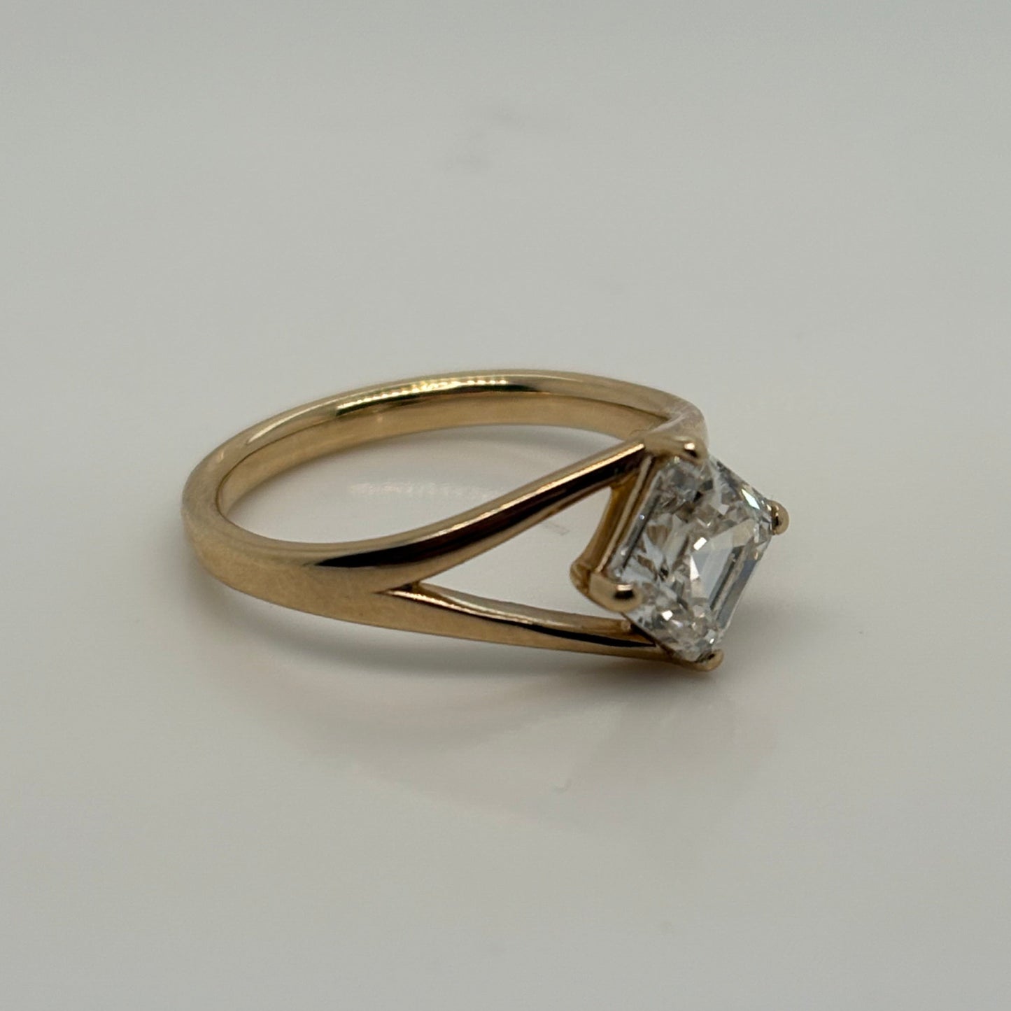 Asscher cut diamond 9ct Yellow gold split shoulder engagement ring