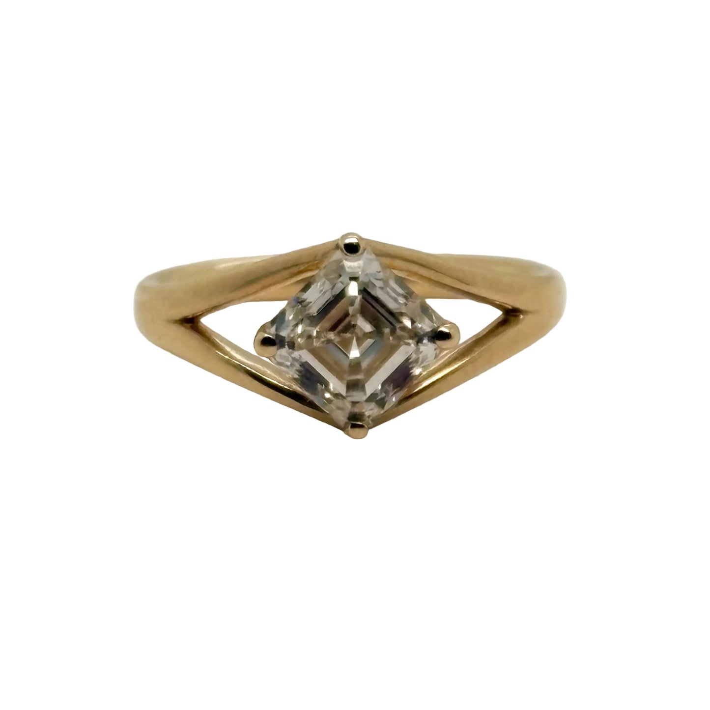Asscher cut diamond 9ct Yellow gold split shoulder engagement ring