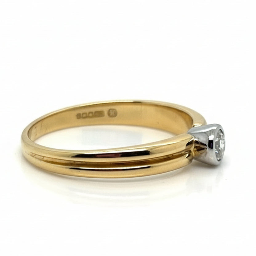 Natural Round Brilliant Cut Bezel Set Rubover Ring 18ct Yellow and White gold