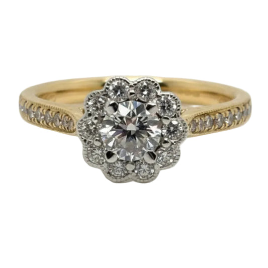 18ct Yellow and White Gold Natural Round Brilliant Diamond Halo Scallop Set Ring