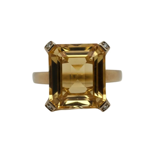 Emerald Cut Citrine and Diamond 9ct Yellow Gold Cocktail Ring