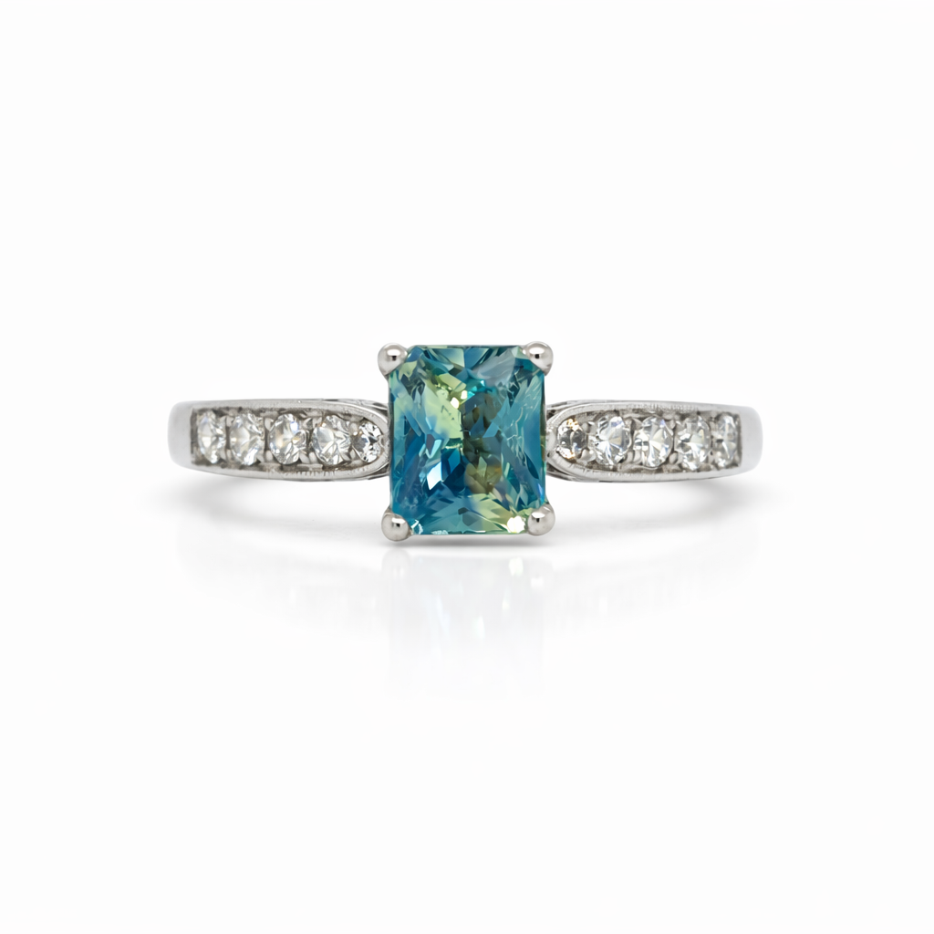 Platinum Vintage Ring set with Ceylon Blue Green Sapphire and Diamonds