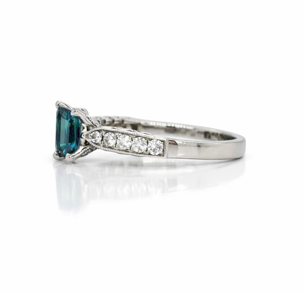 Platinum Vintage Ring set with Ceylon Blue Green Sapphire and Diamonds