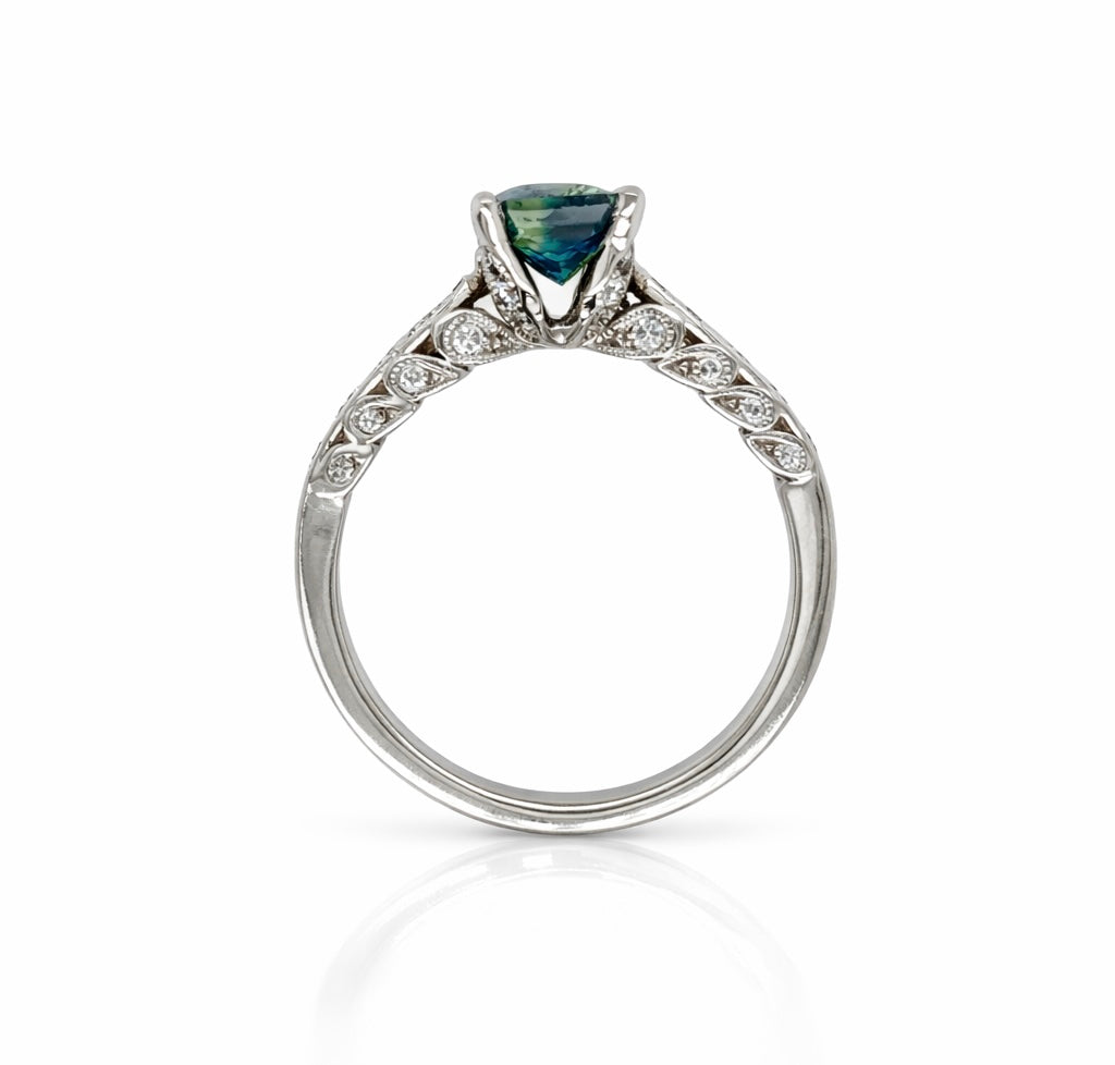 Platinum Vintage Ring set with Ceylon Blue Green Sapphire and Diamonds