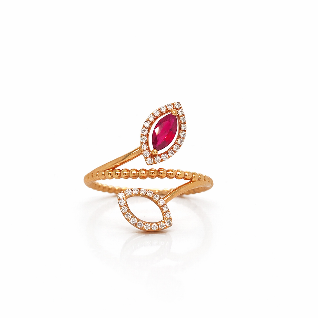 18ct Rose Gold Ruby and Diamond Leaf Motif Ring