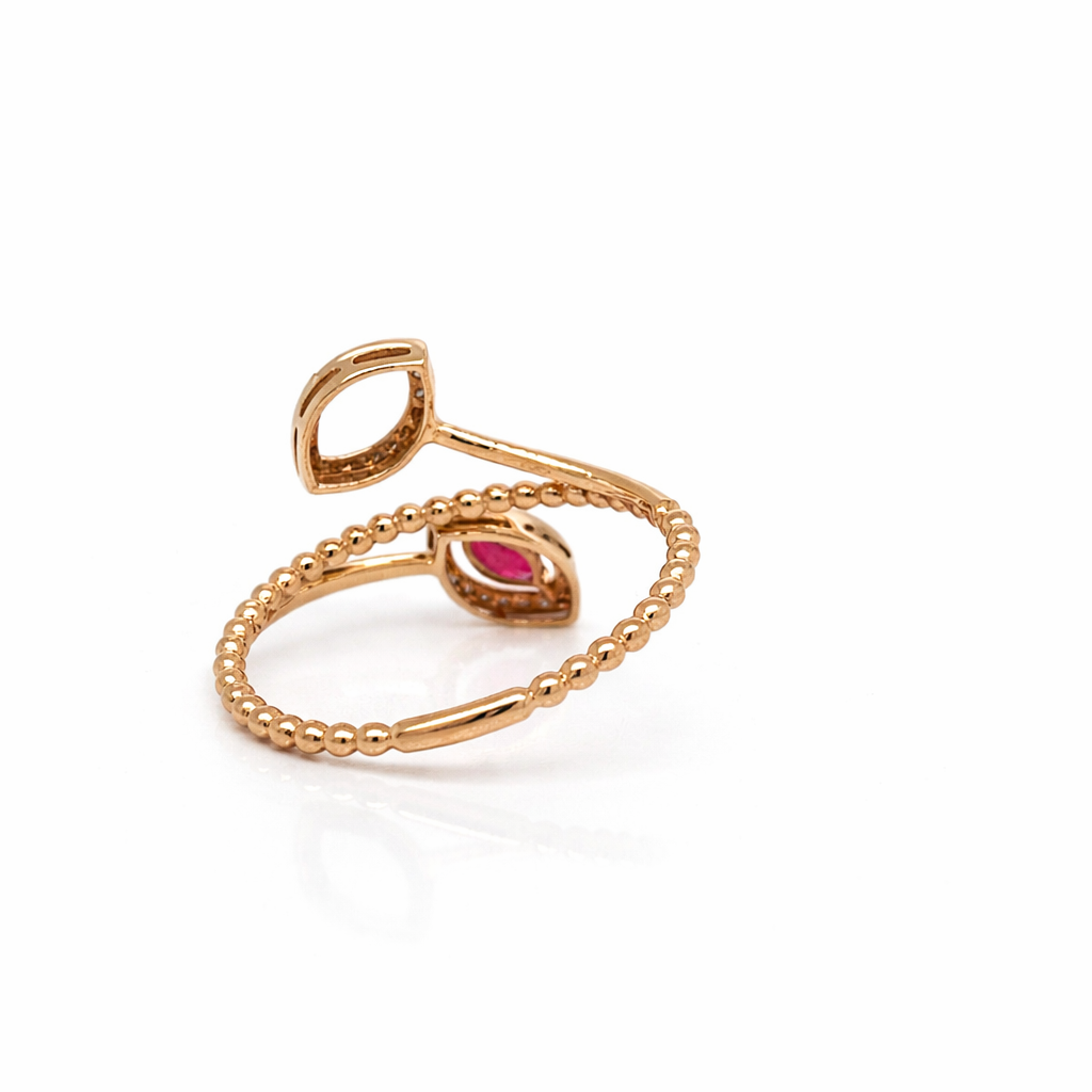 18ct Rose Gold Ruby and Diamond Leaf Motif Ring