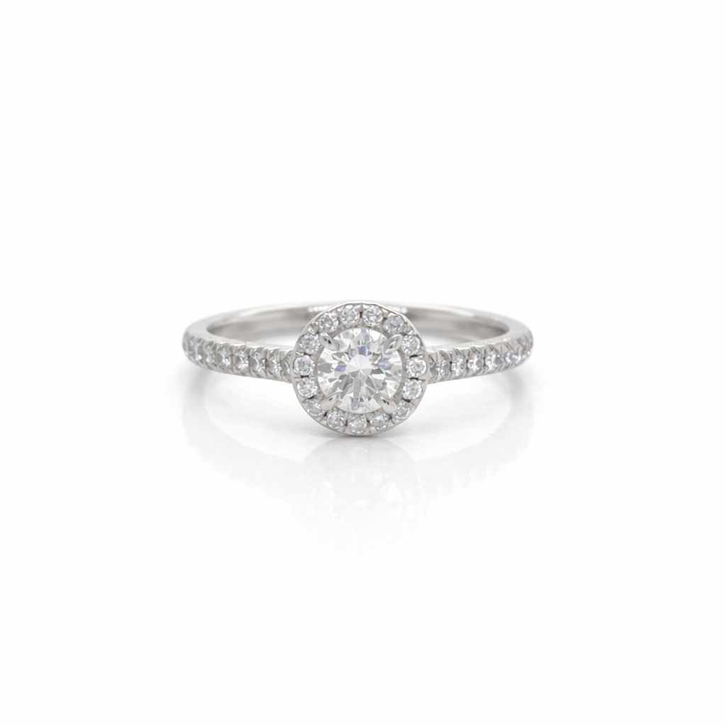 Round Brilliant Cut Diamond Fine Halo Ring in Platinum