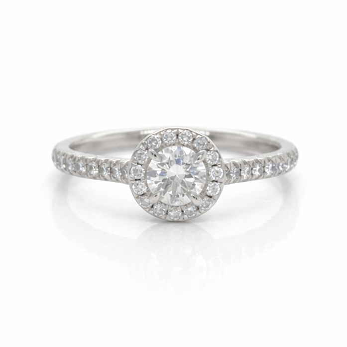 Round Brilliant Cut Diamond Fine Halo Ring in Platinum