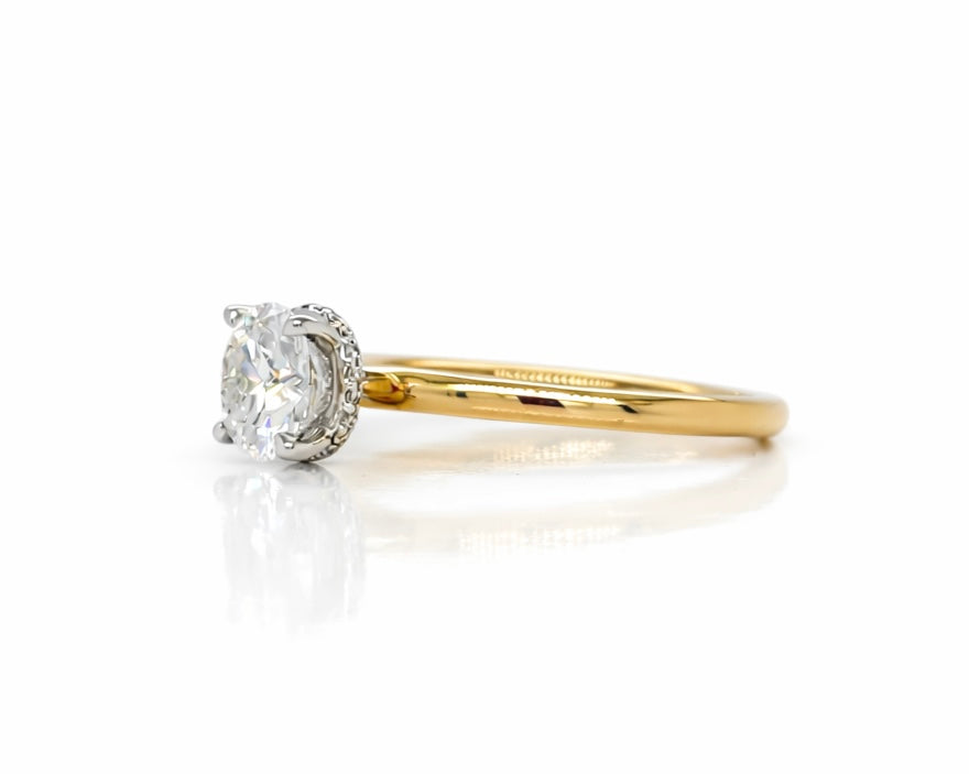 1ct Round Brilliant Cut Diamond Solitaire Hidden Halo Engagement Ring in 18ct Yellow Gold