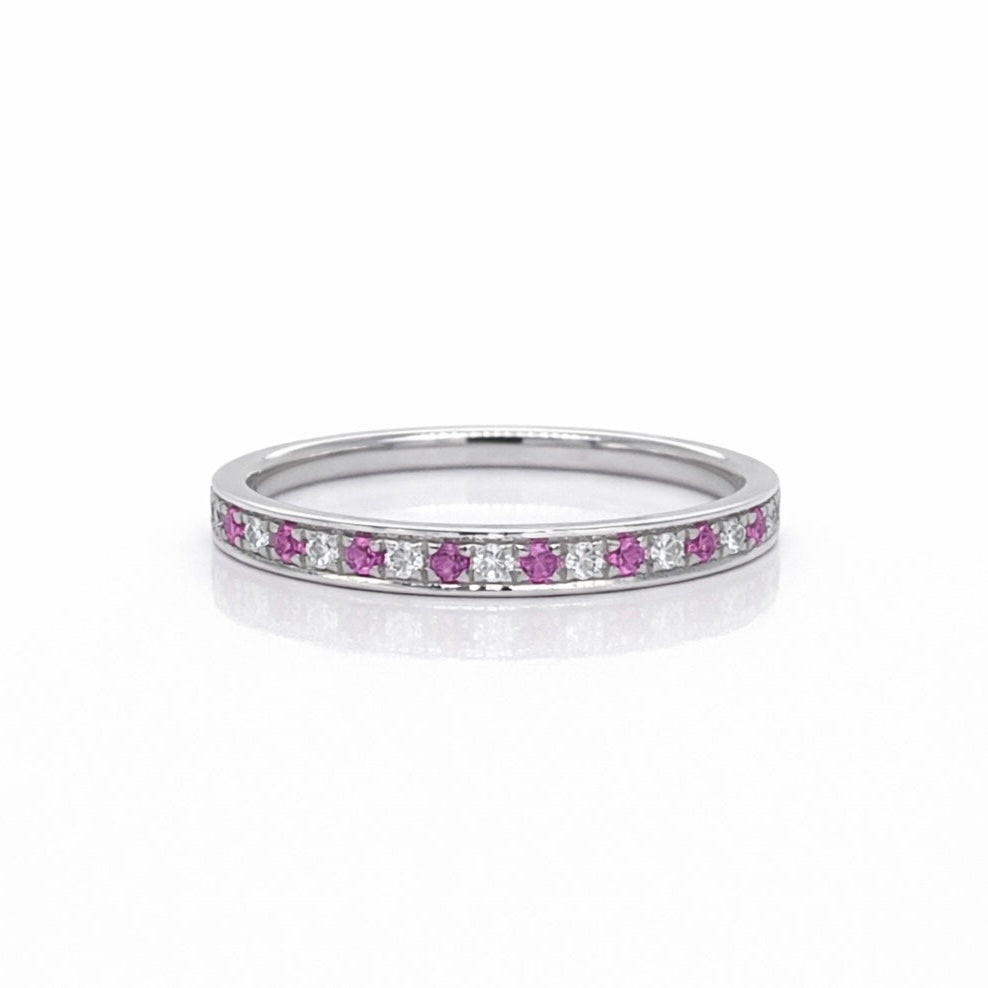 Diamond and Pink Sapphire Grain Set Eternity Ring In White Gold