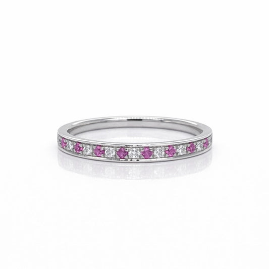 Diamond and Pink Sapphire Grain Set Eternity Ring In White Gold