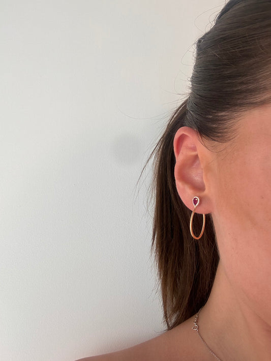 18ct Rose Gold Pear Cut Ruby and Diamond Halo Hoop Earrings