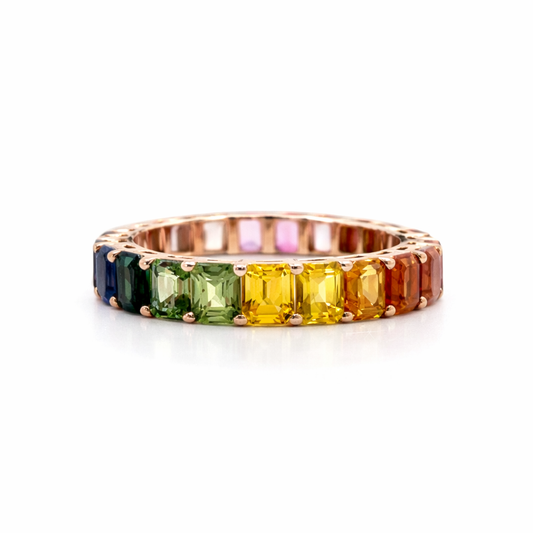 Rainbow Sapphire Diamond and Ruby Emerald Cut Full Eternity Band in 18ct Rose Gold