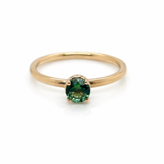 Forest Green Tourmaline Ring with a Diamond Hidden Diamond Halo in 9ct Yellow Gold