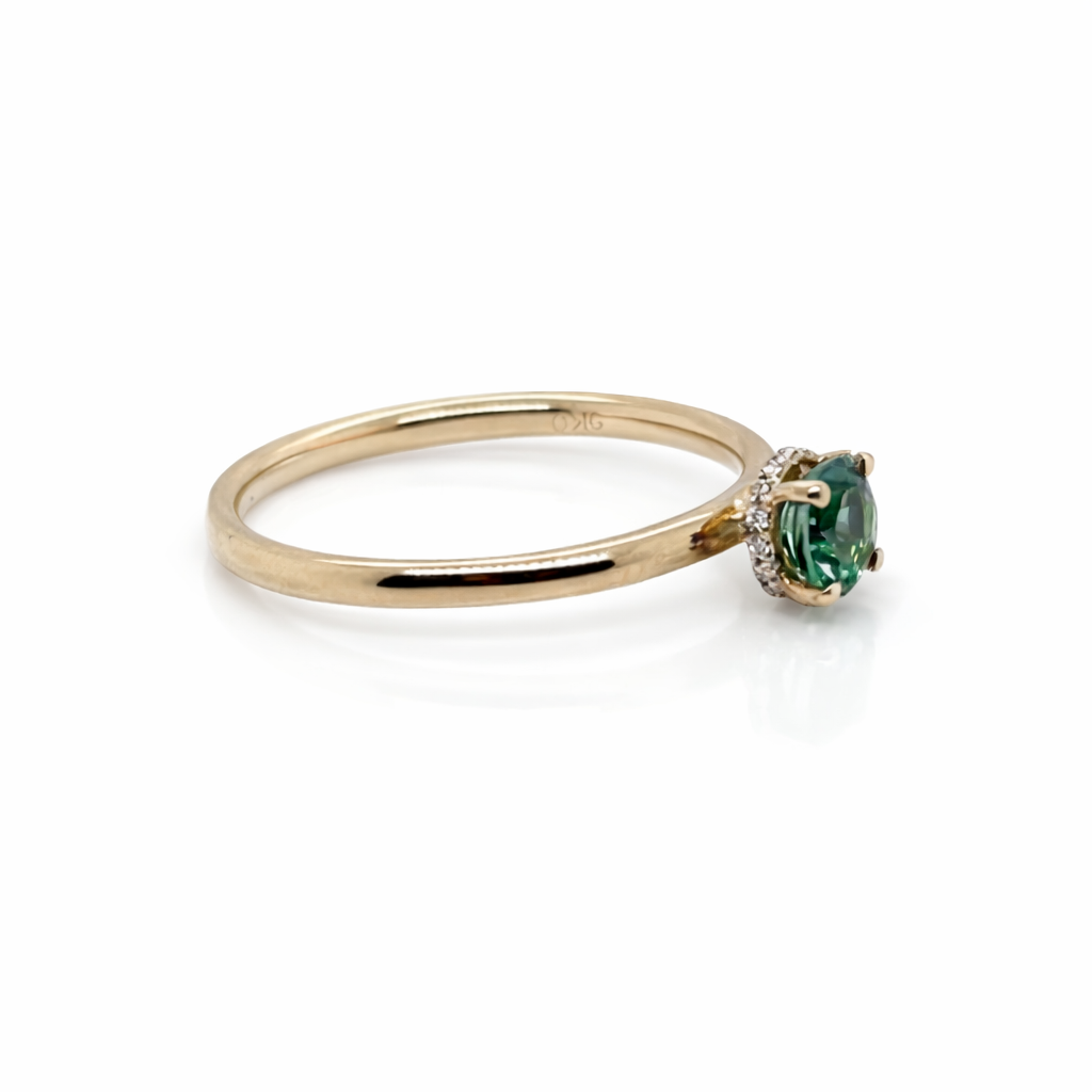 Forest Green Tourmaline Ring with a Diamond Hidden Diamond Halo in 9ct Yellow Gold