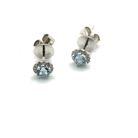18ct White Gold, Round Brilliant Earrings 0.20ct Aquamarine with Diamond Halo