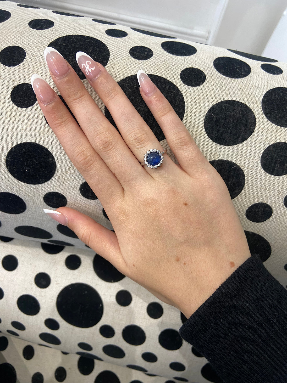 Blue Sapphire Cabochon Diamond Halo Ring Platinum