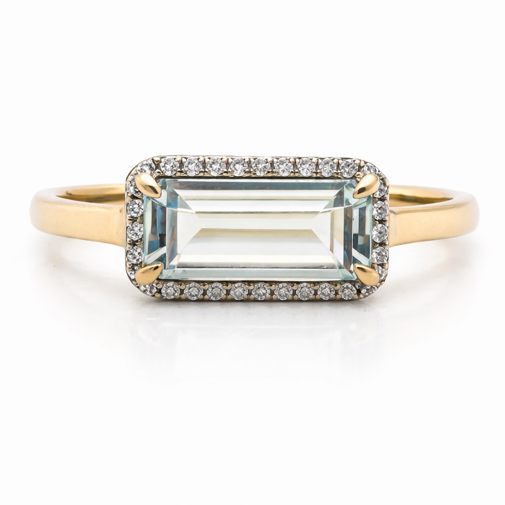9ct Yellow Gold Rectangle Green Amethyst with Round Cut Diamonds Ring