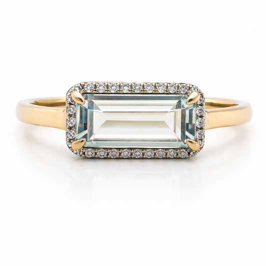 9ct Yellow Gold Rectangle Green Amethyst with Round Cut Diamonds Ring