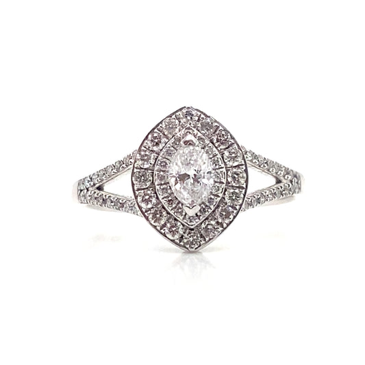 18ct White Gold Marquise Cut Diamond Split Shank Halo Ring