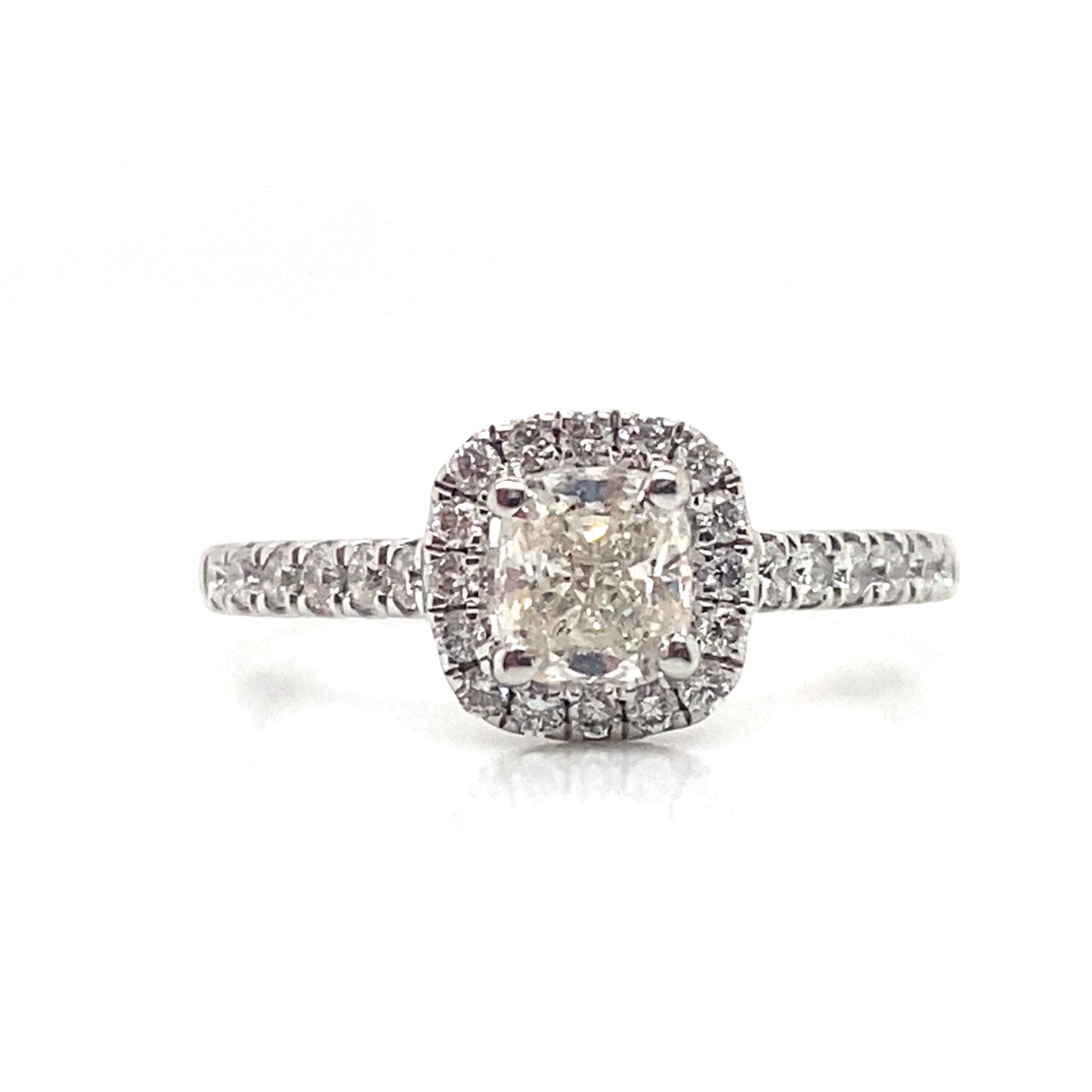 18ct White Gold Cushion Cut Diamond Halo and Pave Engagement Ring