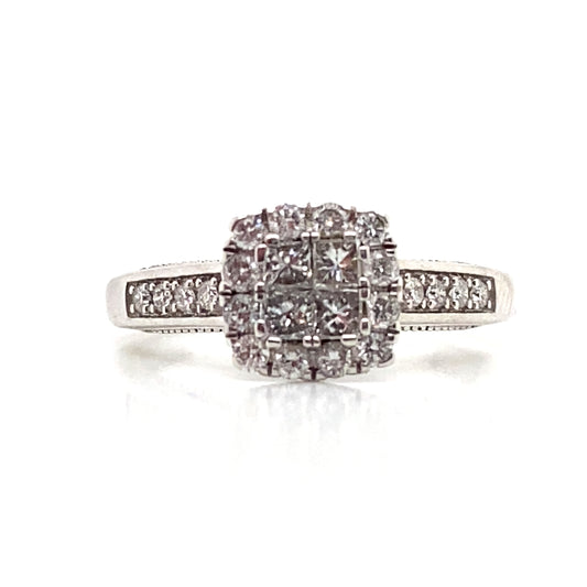 9ct White Gold Engagement Ring, cluster of 4 princess cut diamonds set in a cushion shaped halo , pave set and filigree