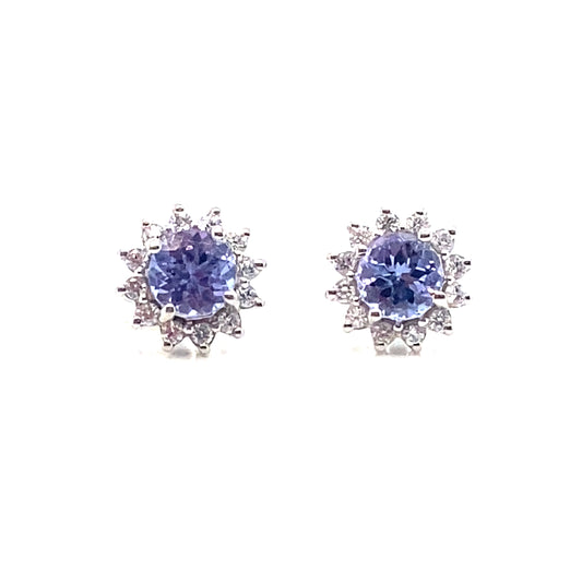 9ct White Gold Round Tanzanite and Diamond Halo Stud Earrings