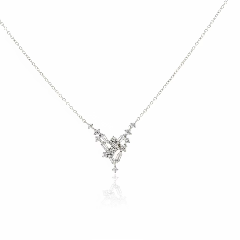 Baguette Cut and Round Brilliant Diamond "Waterfall", 9ct White Gold Necklace