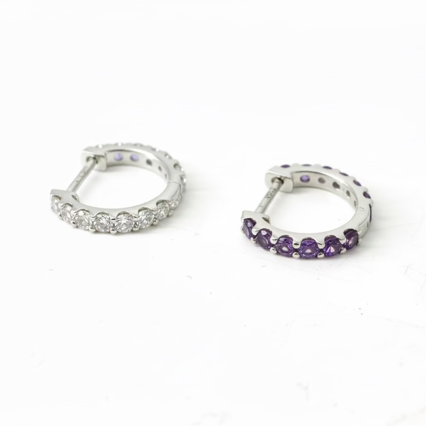9ct Amethyst and Diamond White Gold Huggie Hoop Earrings