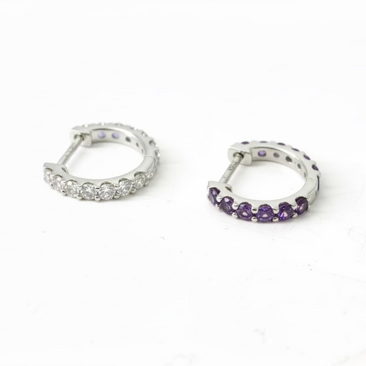 9ct Amethyst and Diamond White Gold Huggie Hoop Earrings