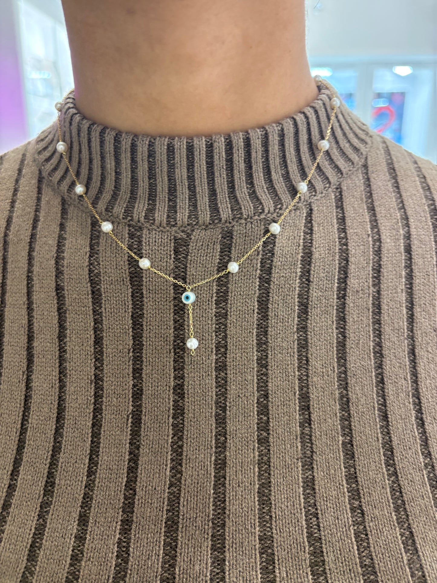 18ct yellow gold fresh water pearl necklace with evil eye drop