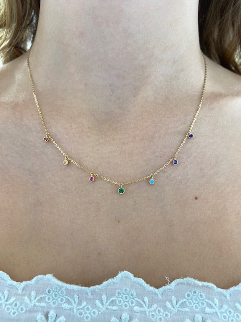 9ct Yellow Gold Cubic Zirconia Rainbow Drop Necklace 16" + 1.5"