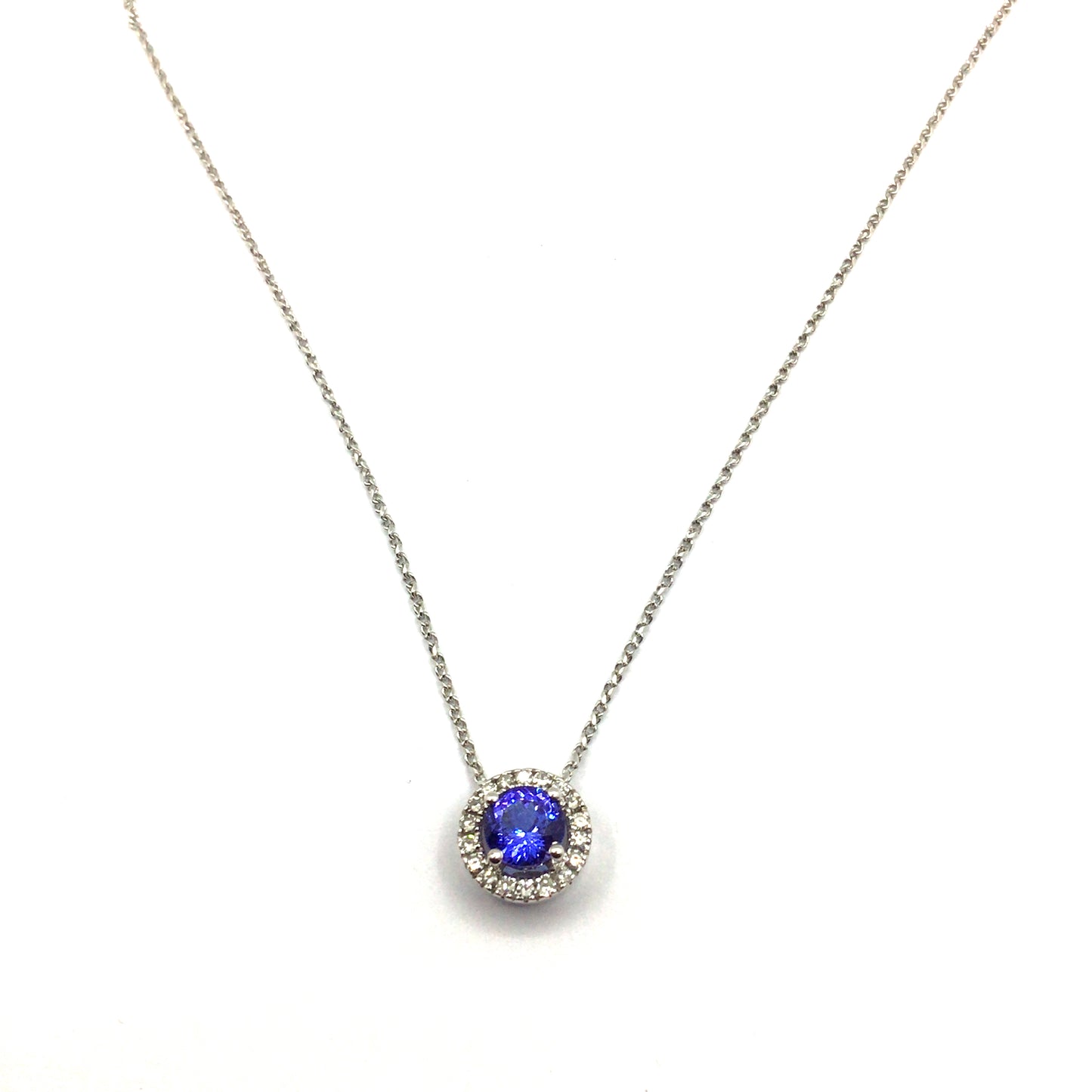 9ct white gold round tanzanite with diamond halo