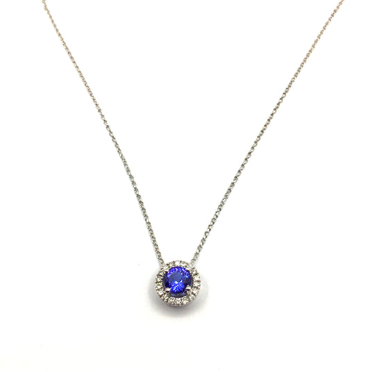 9ct white gold round tanzanite with diamond halo