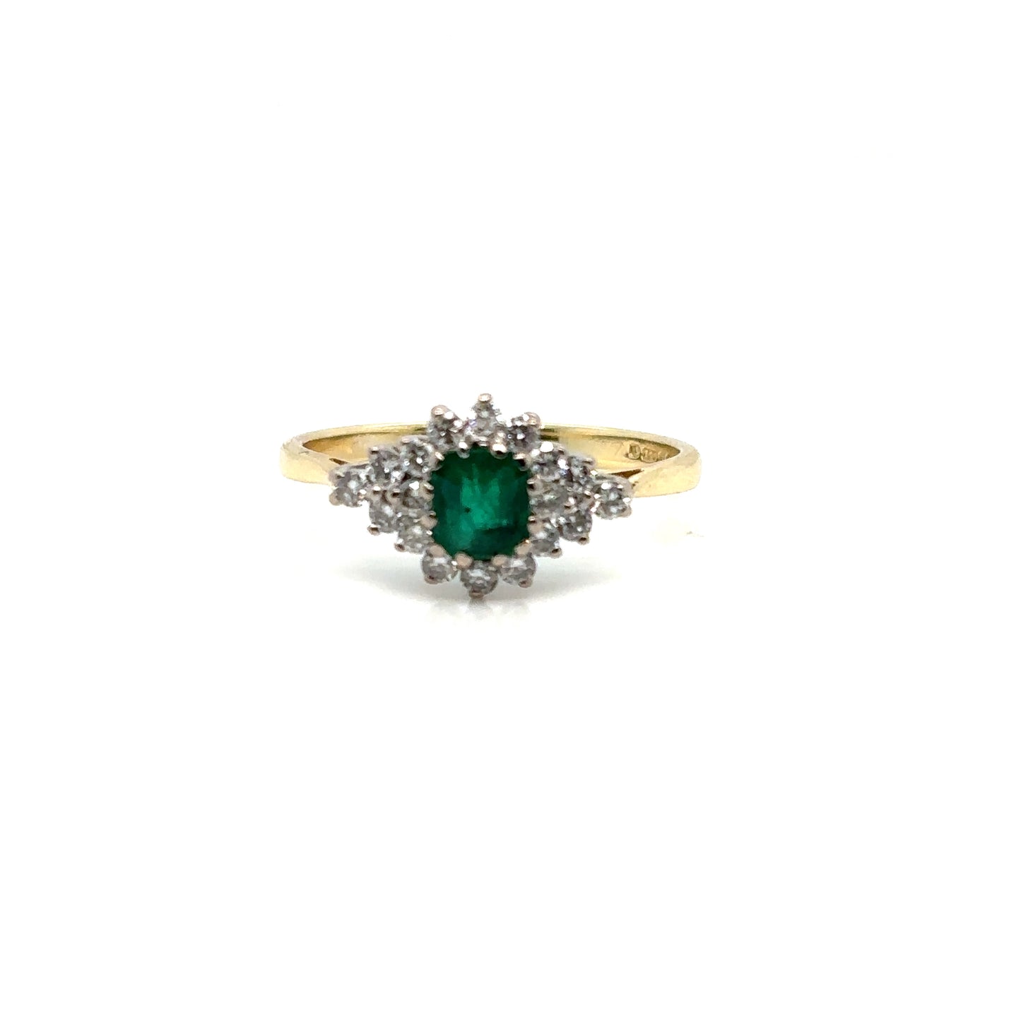 Vintage Emerald Cut Emerald & Diamond Cluster Ring, in 18ct Yellow Gold