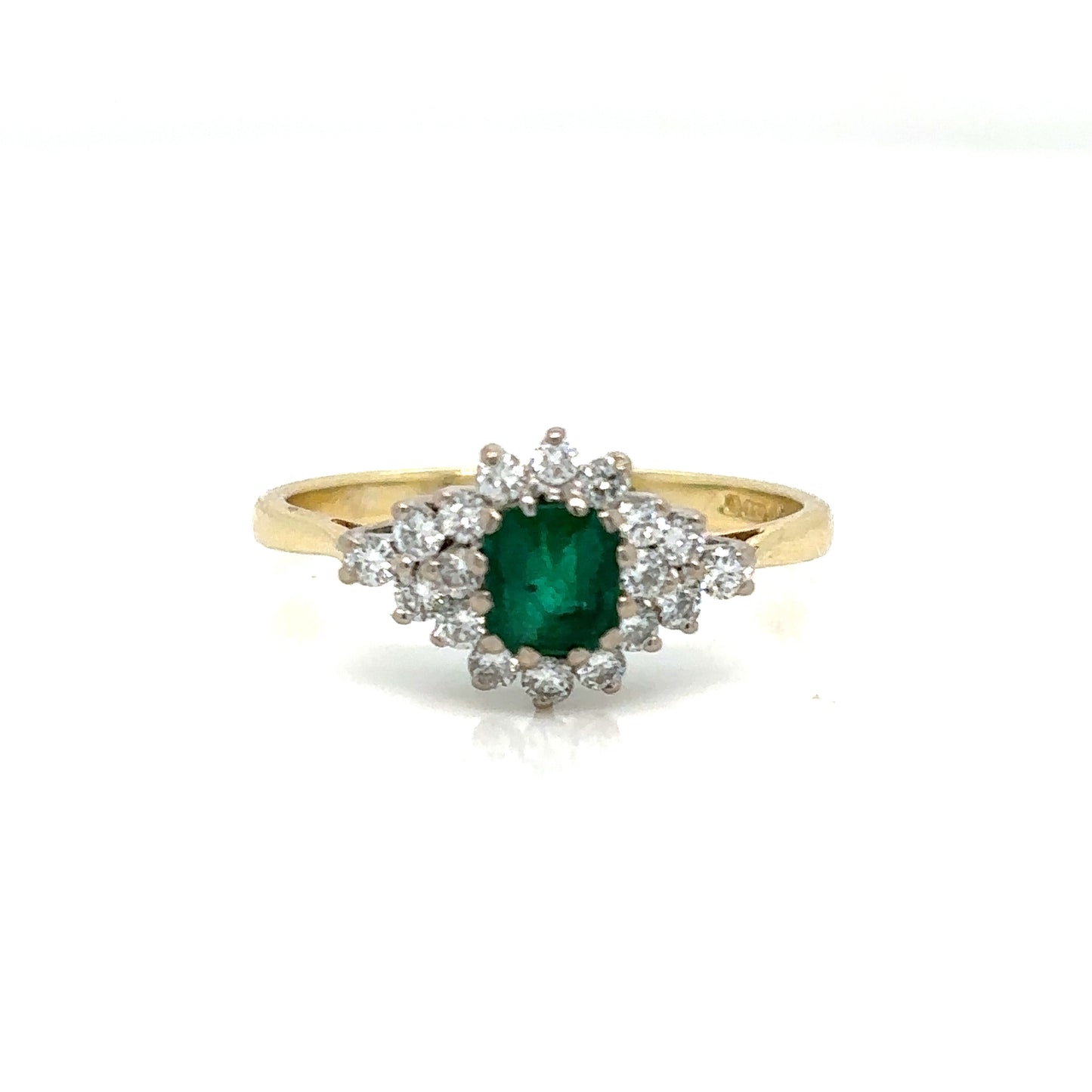 Vintage Emerald Cut Emerald & Diamond Cluster Ring, in 18ct Yellow Gold