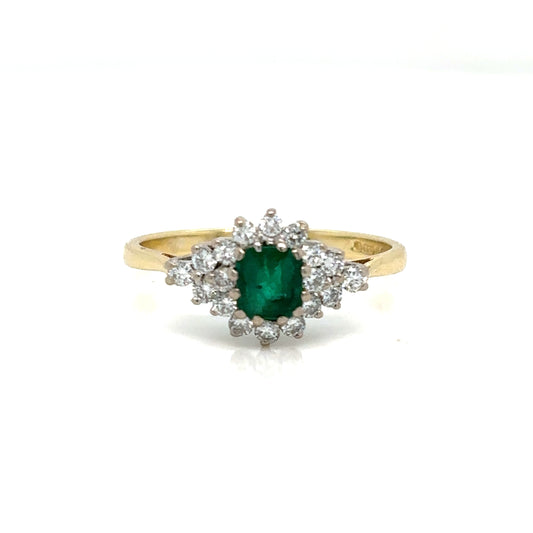 Vintage Emerald Cut Emerald & Diamond Cluster Ring, in 18ct Yellow Gold