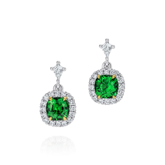 Green Tsavorite Garnet Kite Cut Diamond, 18ct Yellow Gold and Platinum Earrings