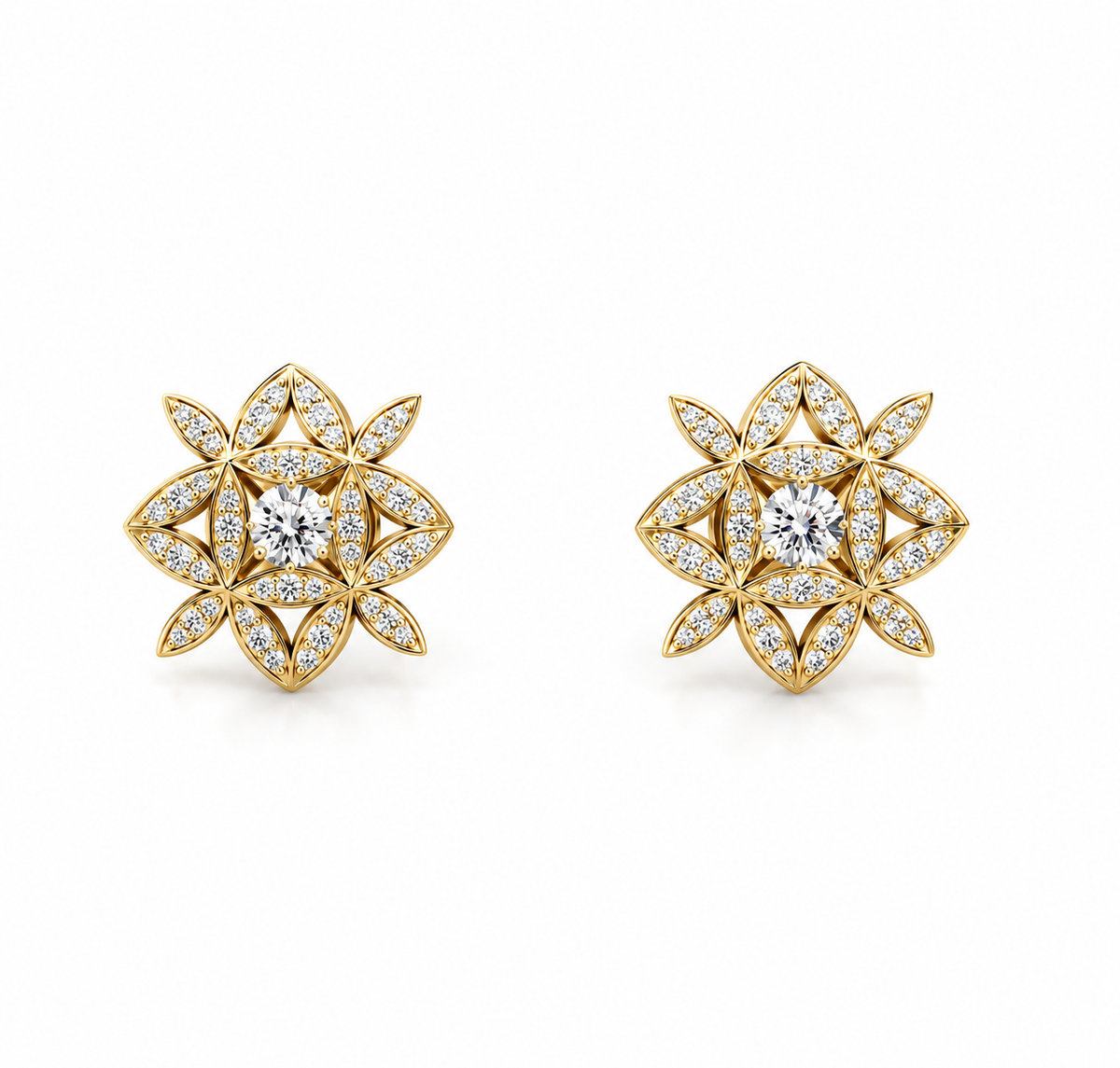 Diamond and 18ct yellow Gold Floral Design Stud Earrings