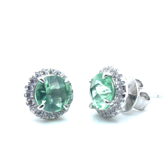 Round Brilliant Cut Green Obsidian and Cubic Zirconia Halo Stud Earrings