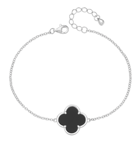 925 Silver Rhodium Plated Single Black Onyx Clover Bracelet