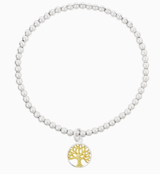 925 Silver Beaded Bracelet with Two Tone Tree of Life Charm