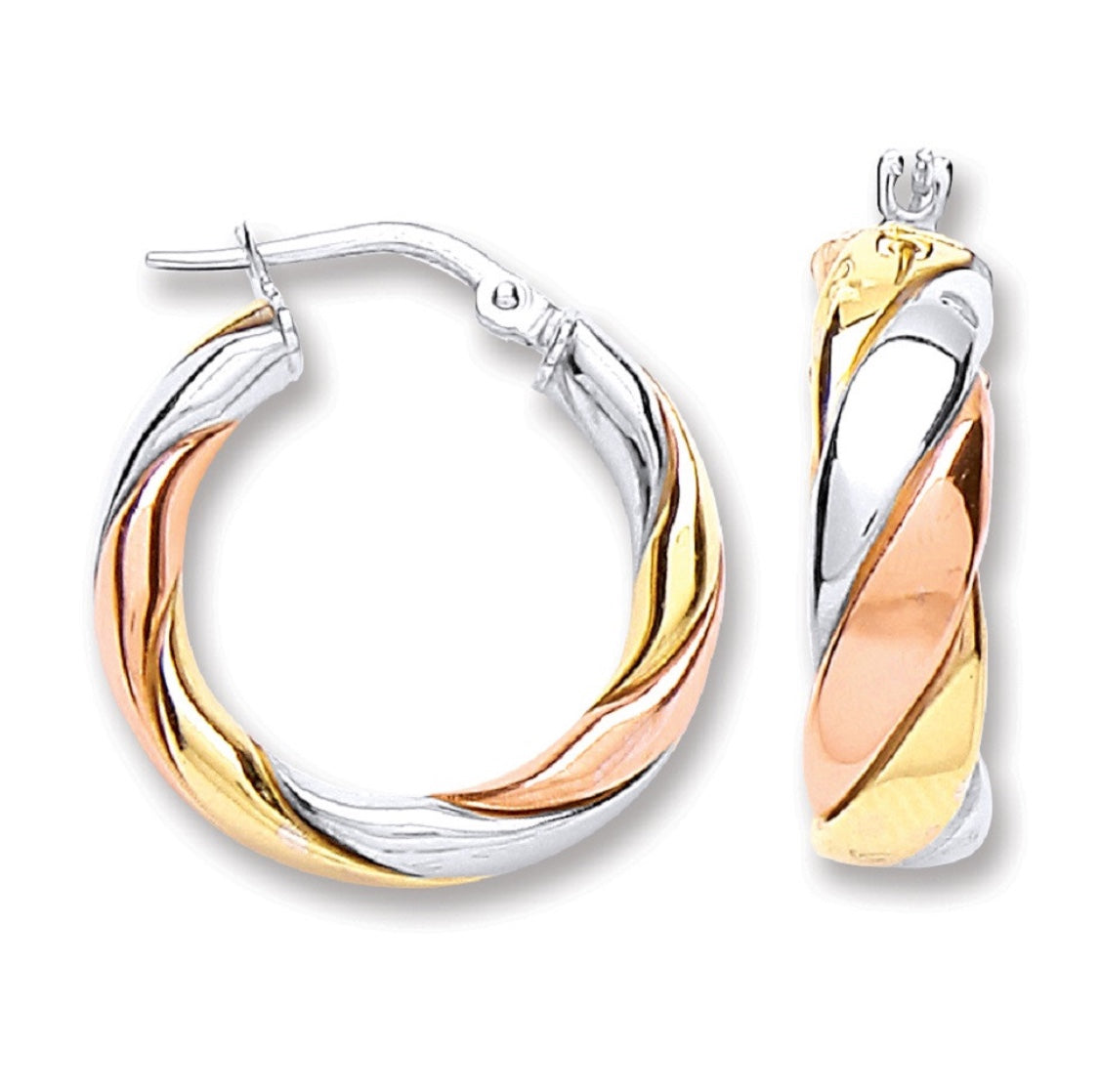 Silver Rhodium, Rose Gold and Yellow Gold Plated Twisted Hoop Earrings