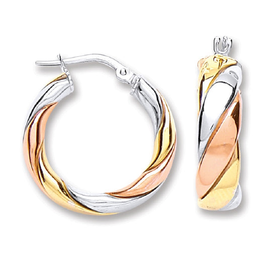 Silver Rhodium, Rose Gold and Yellow Gold Plated Twisted Hoop Earrings